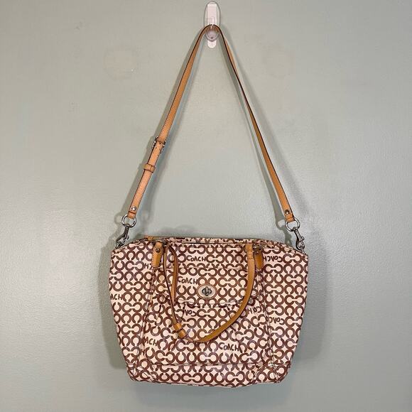 COACH Womens Satchel Shoulder Handbag Purse Signature Coated Canvas Brown Tan - Picture 2 of 16